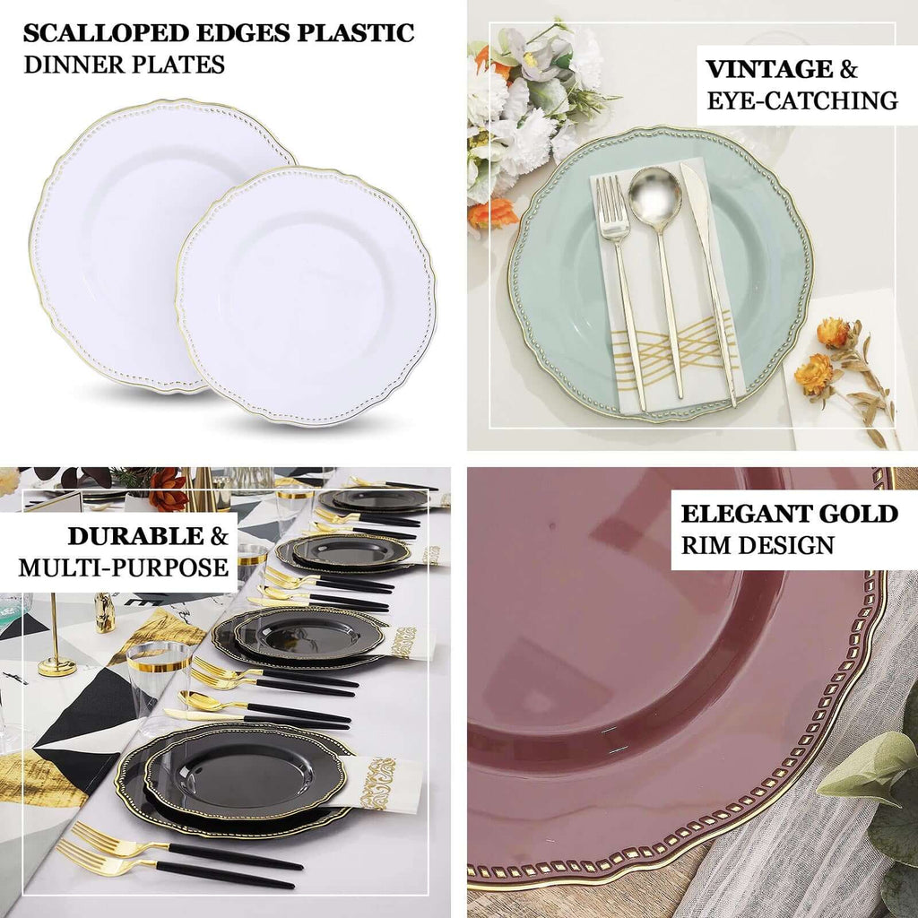 10-Pack Plastic 10" Dinner Plates in Jade with Gold Scalloped Rim - Disposable Large Party Plates