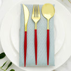 24-Pack Plastic Flatware Set in Metallic Gold with Red Handle - Heavy Duty Disposable Modern Silverware 8"