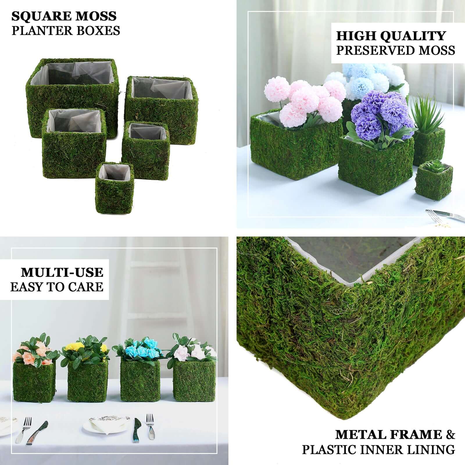 4-Pack Square Planter Boxes Covered with Inner Lining Green Preserved Moss - Flower Basket Centerpieces 6"