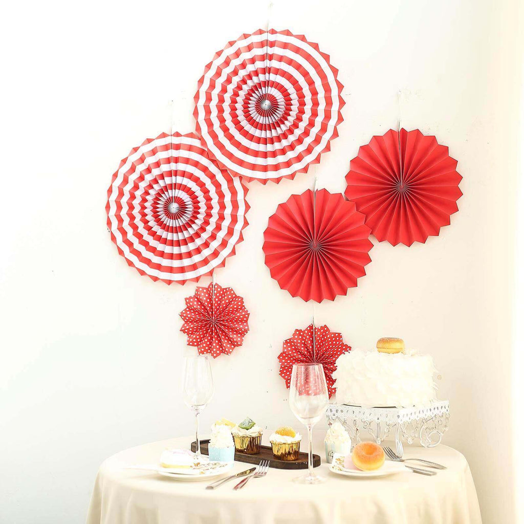 Set of 6 Red Hanging Paper Fan Decorations, Pinwheel Wall Backdrop Party Kit - 8", 12", 16"
