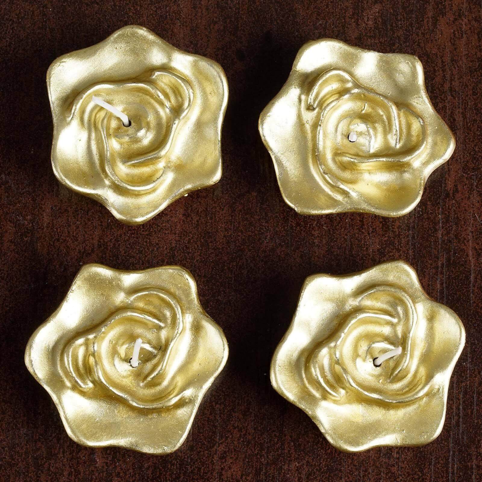 4-Pack Floating Candles Rose Flower Design Gold - Wedding Vase Fillers for Events 2.5"
