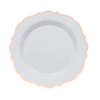 10-Pack Plastic 8" Round Dessert Plates in White with Rose Gold Scalloped Rim - Disposable Appetizer/Salad Plates