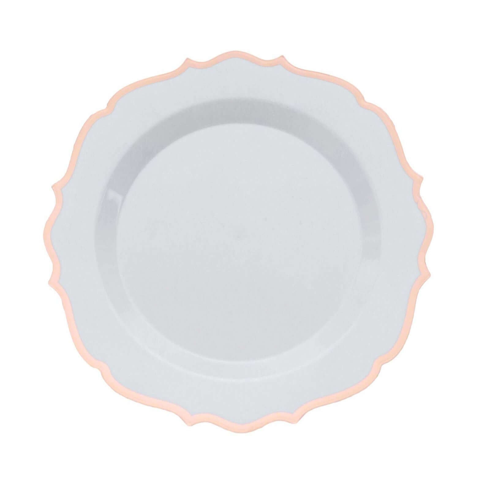 10-Pack Plastic 8" Round Dessert Plates in White with Rose Gold Scalloped Rim - Disposable Appetizer/Salad Plates
