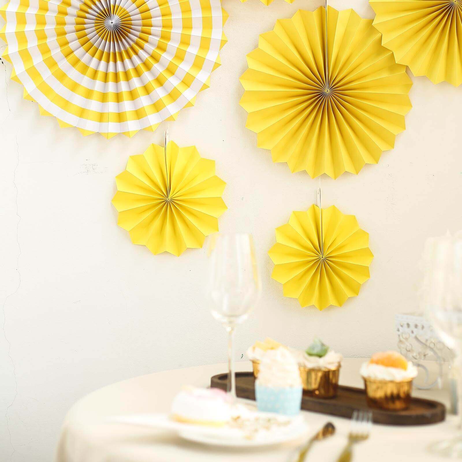 Set of 6 Yellow Hanging Paper Fan Decorations, Pinwheel Wall Backdrop Party Kit - 8", 12", 16"