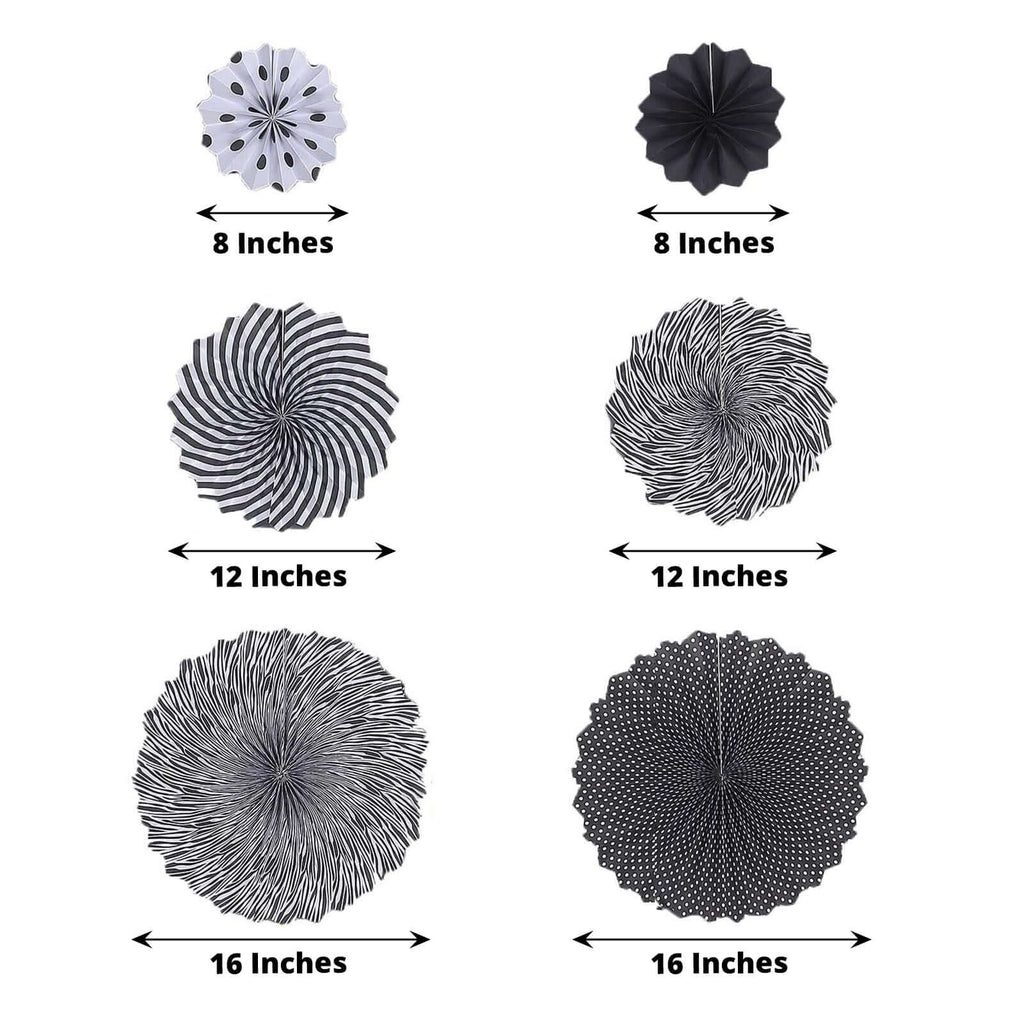 Set of 6 Black White Hanging Paper Fan Decorations, Pinwheel Wall Backdrop Party Kit - 8", 12", 16"