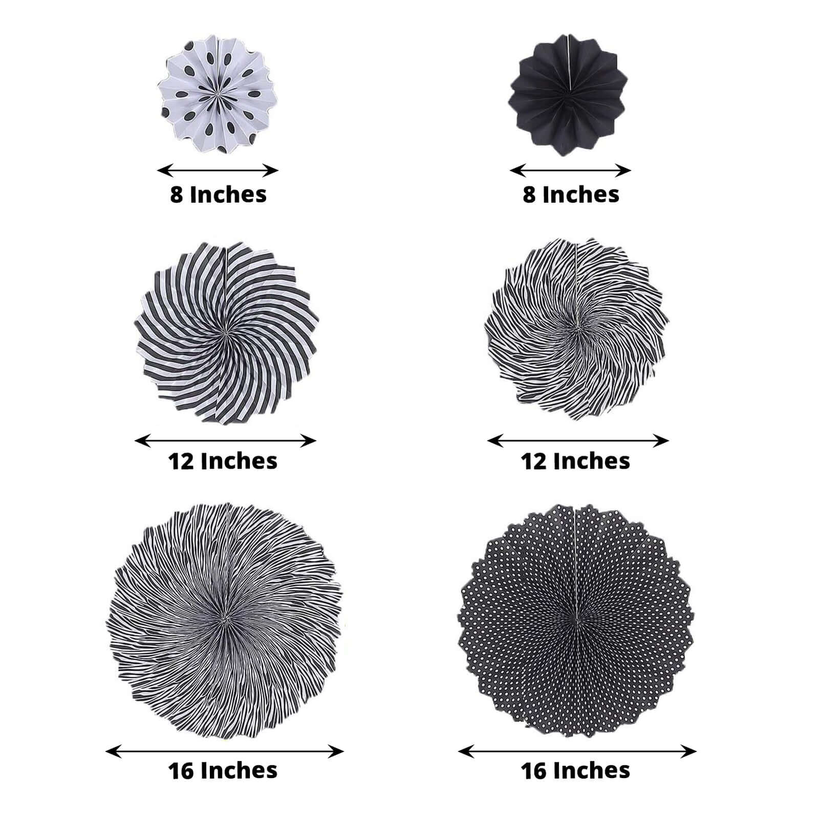 Set of 6 Black White Hanging Paper Fan Decorations, Pinwheel Wall Backdrop Party Kit - 8", 12", 16"