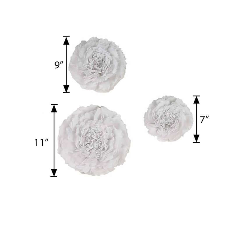 Set of 6 White Carnation 3D Paper Flowers Wall Decor - 7",9",11"