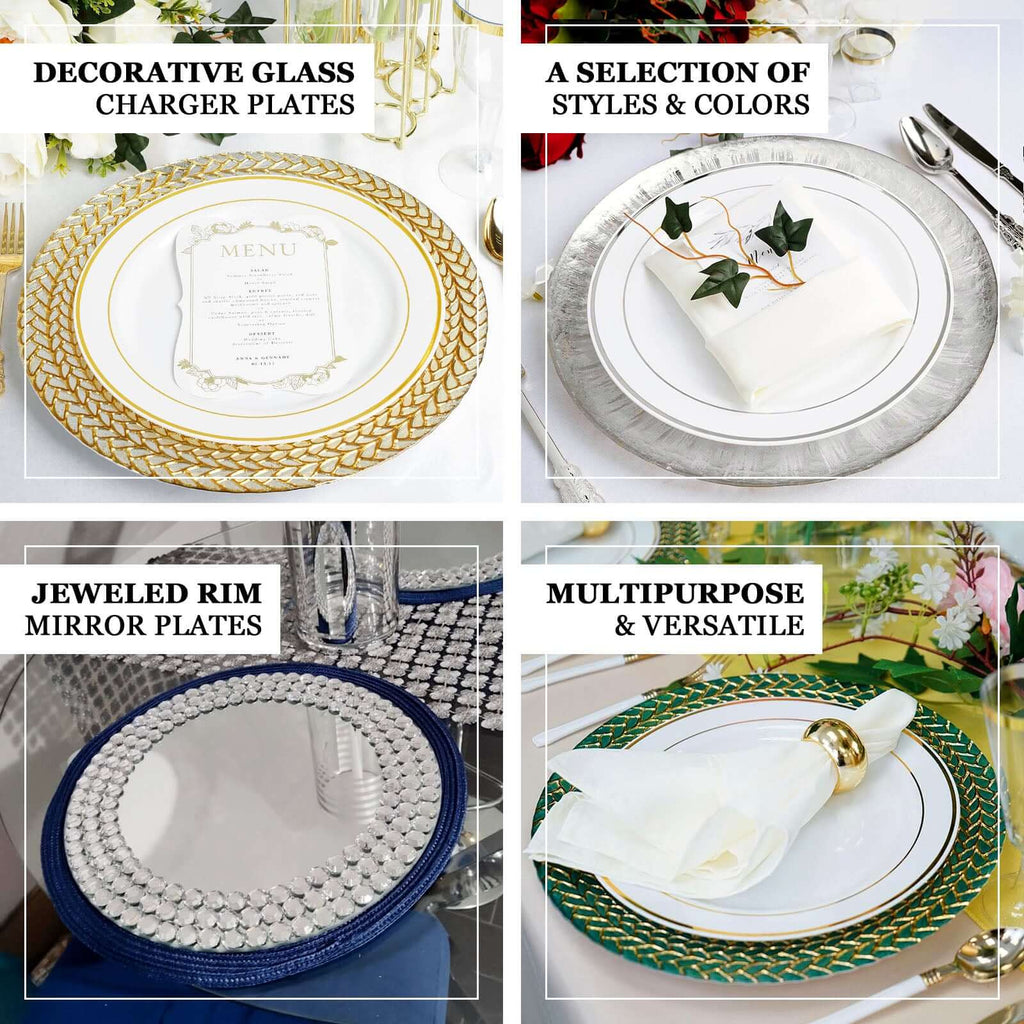 2-Pack Mirror Glass Round Charger Plates 13" with Silver Mirror Diamond Beaded Rim, Upscale Decorative Chargers