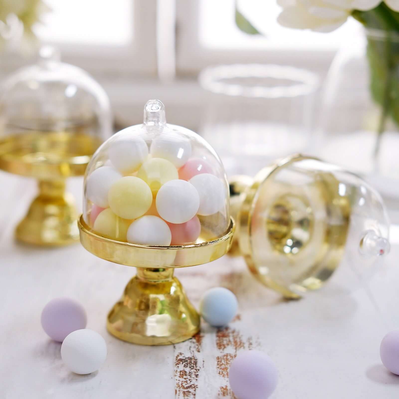 12-Pack Fillable Mini Pedestal Candy Container Clear/Gold - Decorative Candy Treat Favor Boxes with Dome Lid 4"
