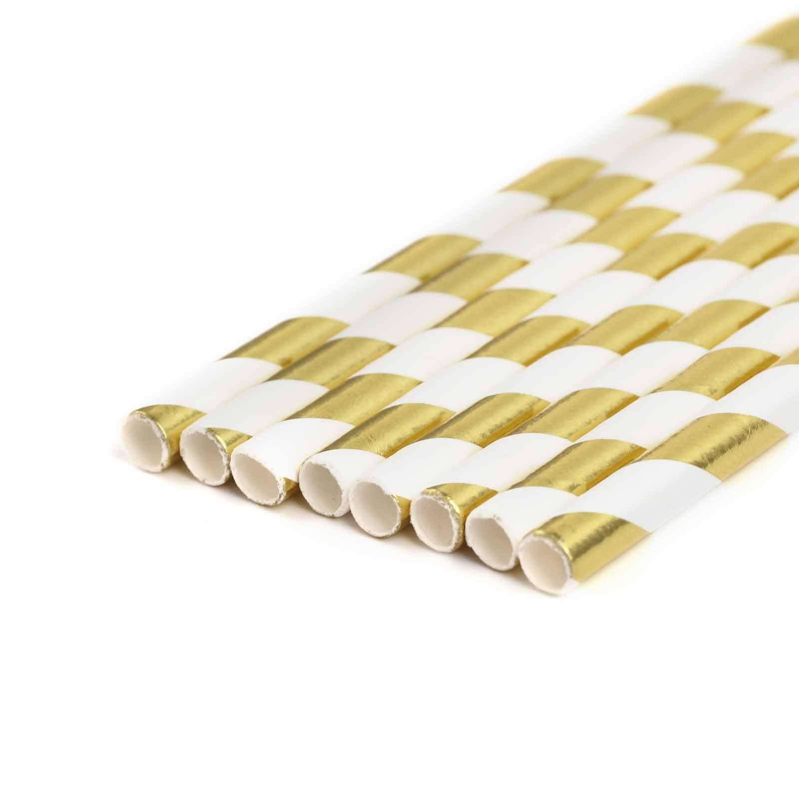 25-Pack Paper Straws White/Gold Striped - Stylish Disposable Straws for Drinks 8"
