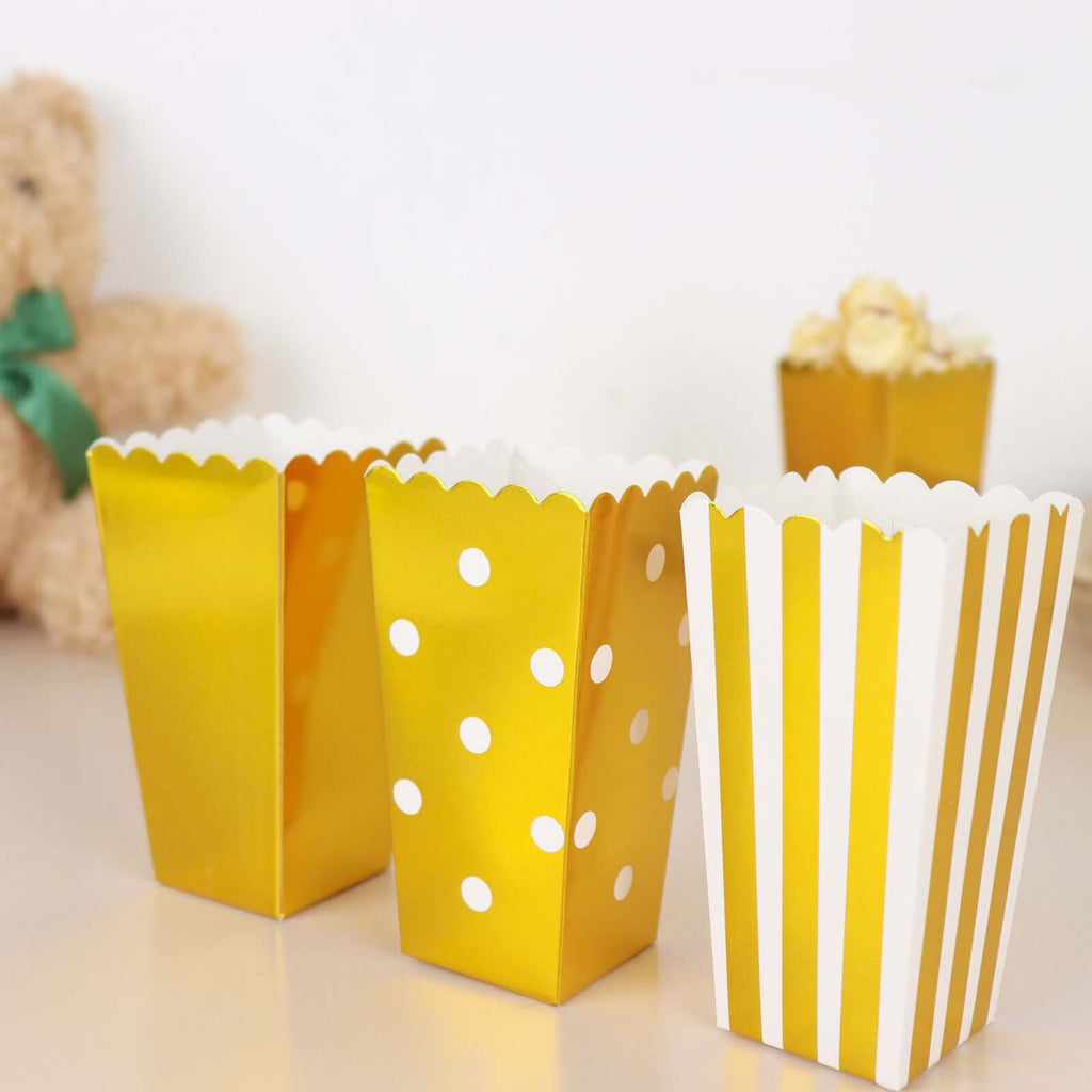 36 Pack 5" White Gold Design Mini Paper Popcorn Boxes, Candy Favor Disposable Bags - Stripe, Polka Dot, Solid Style