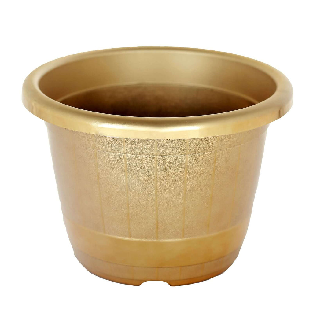 14" Gold Shiny Finished Rim Large Barrel Planter Pot, Indoor Outdoor Decorative Flower Pot