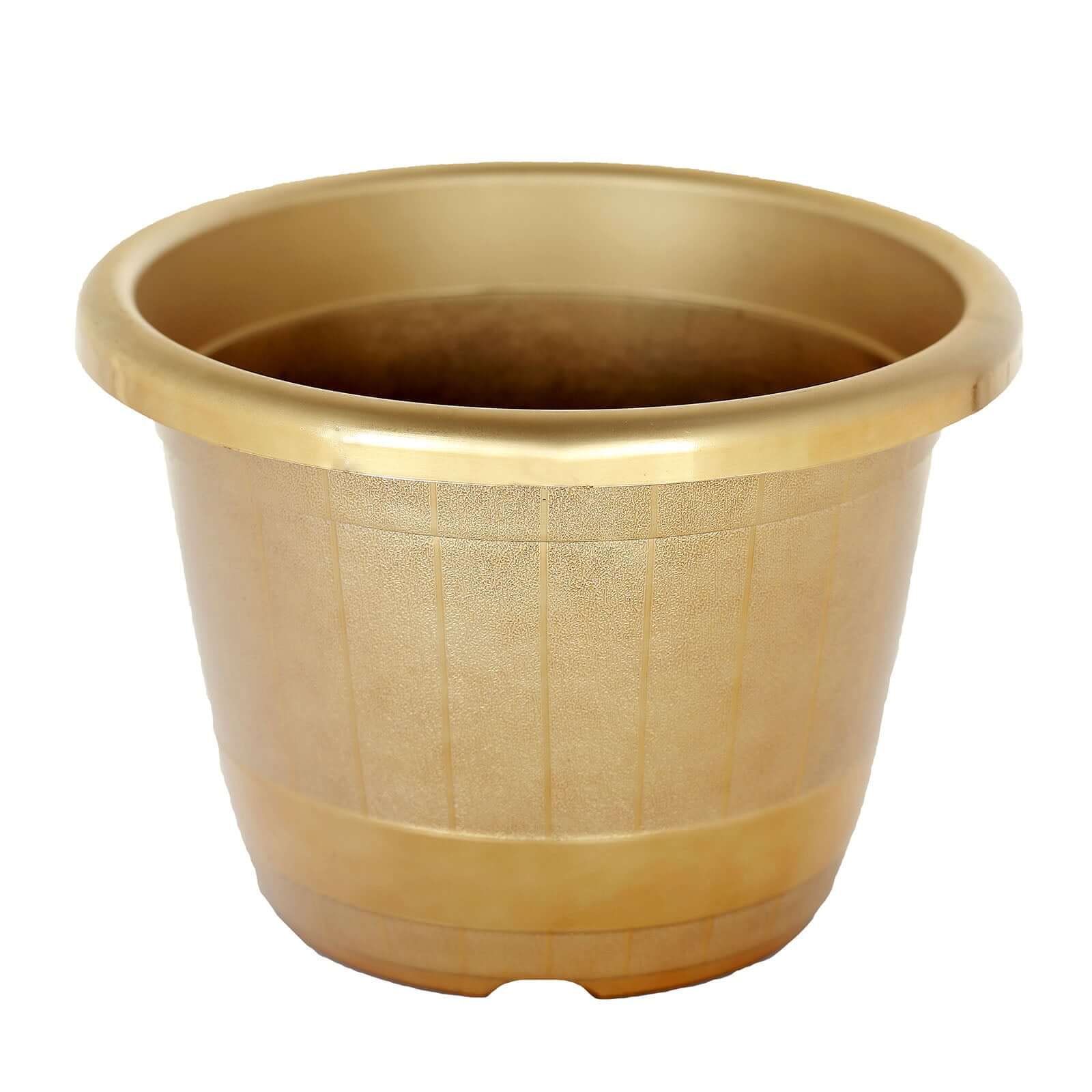 14" Gold Shiny Finished Rim Large Barrel Planter Pot, Indoor Outdoor Decorative Flower Pot