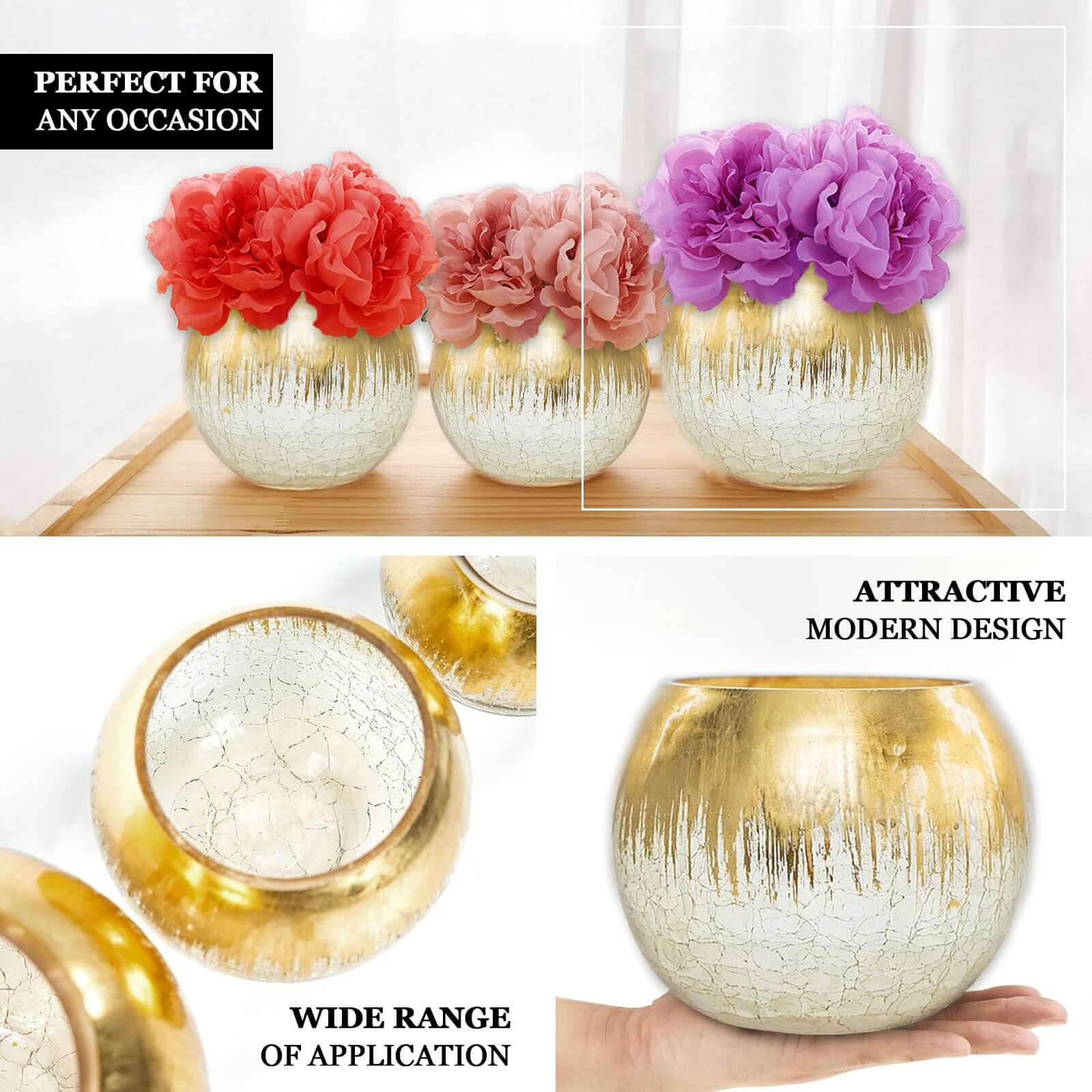Glass Flower Vase Gold Foiled Crackle Bubble - Stylish Centerpiece for Events 4.5"