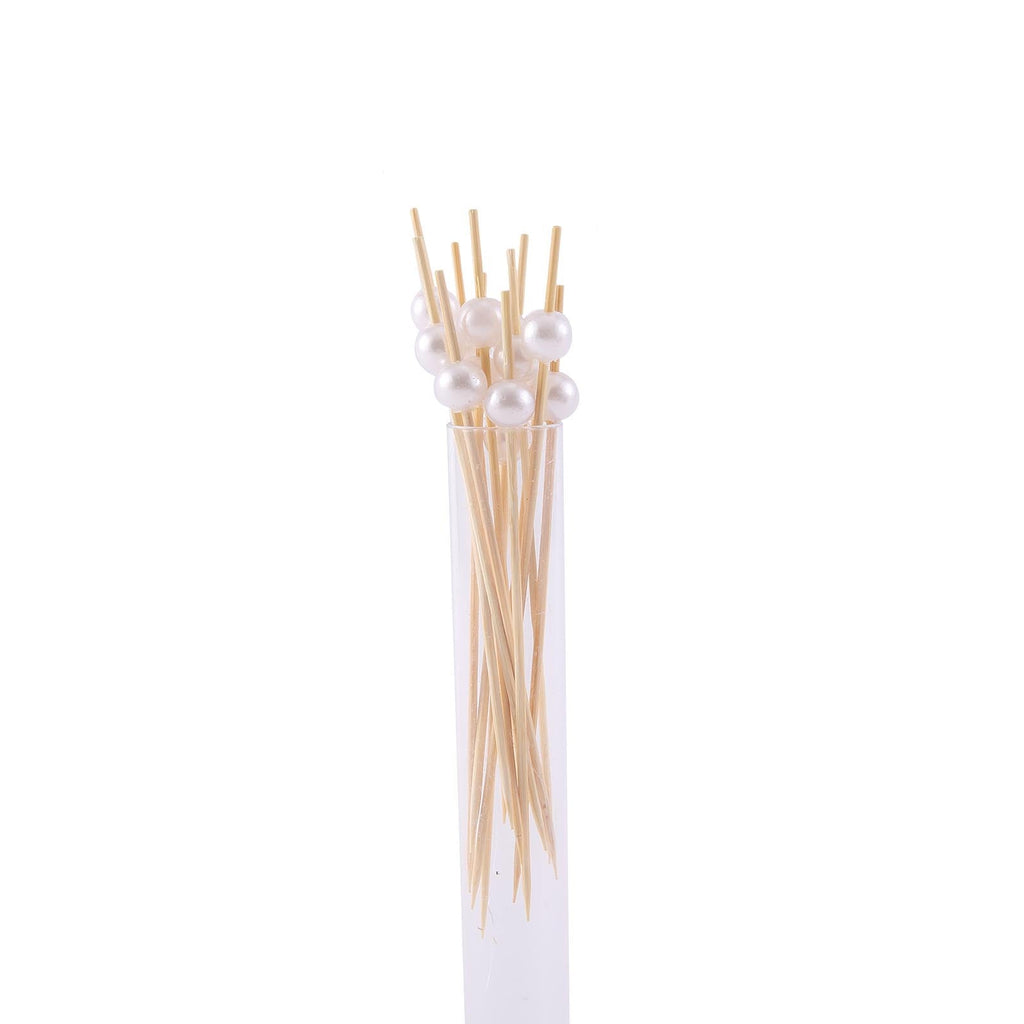 100-Pack Bamboo Cocktail Picks Natural Pearl Decorative Top Design - Eco Friendly Stir Sticks 5"