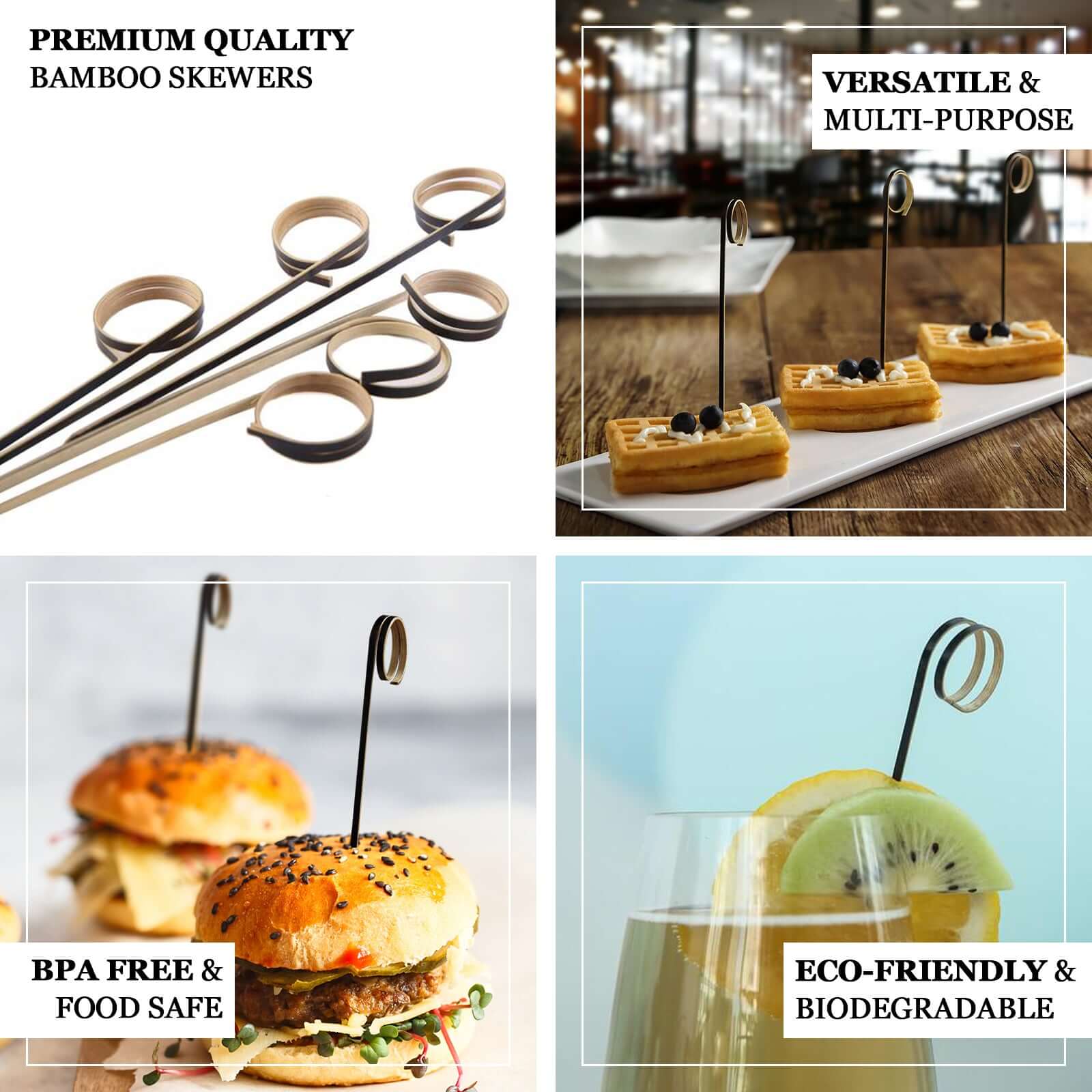 100-Pack Bamboo Cocktail Sticks Black Loop Ring Decorative Top Design - Eco Friendly Party Picks 5"