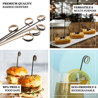 100-Pack Bamboo Cocktail Sticks Black Loop Ring Decorative Top Design - Eco Friendly Party Picks 5"