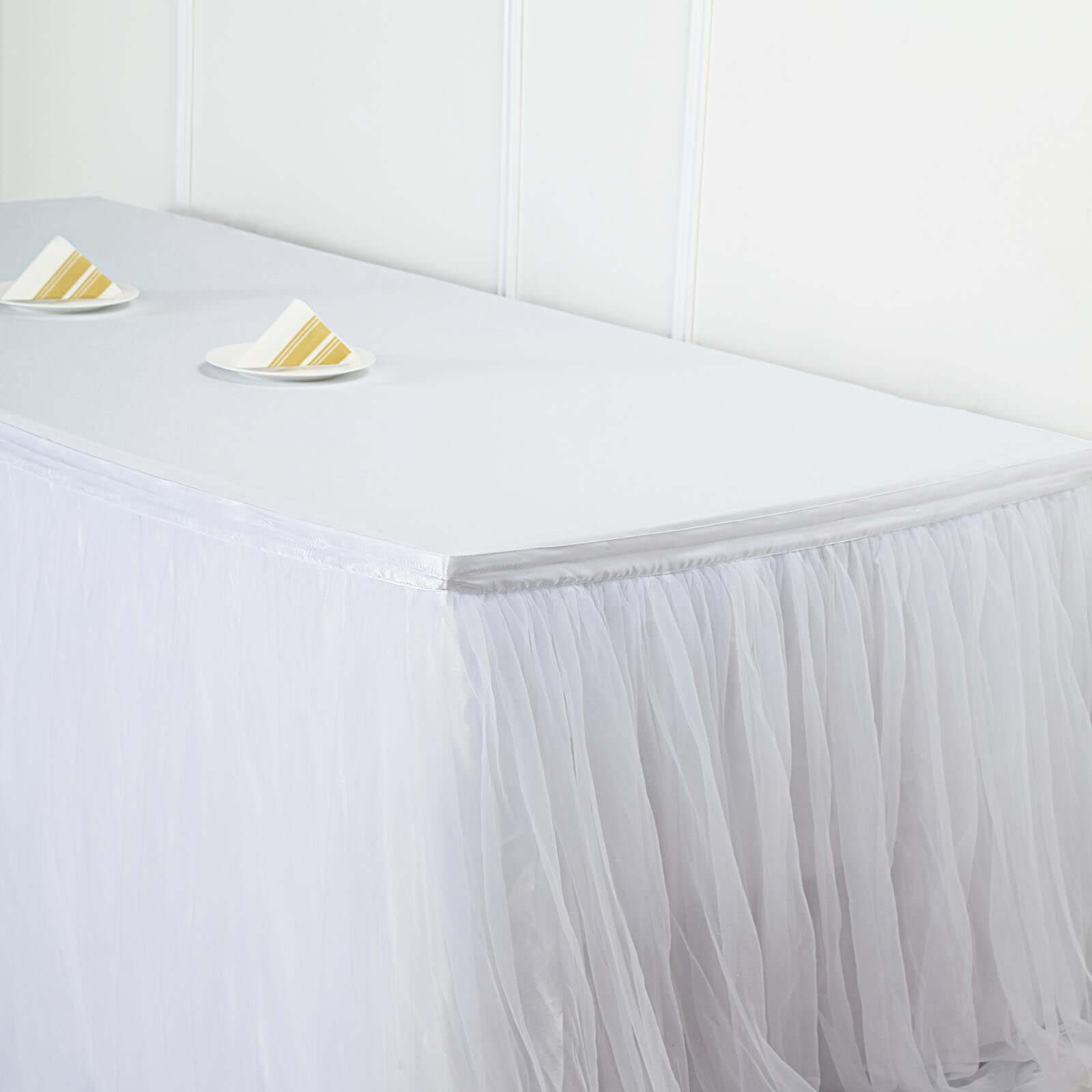 Extra Long Tulle 21ft Table Skirt White with Satin Edge - Table Cover for Baby Showers & Events
