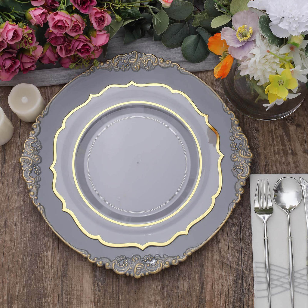 6-Pack Acrylic Round Charger Plates 13" in Charcoal Gray with Gold Embossed Baroque Rim, Antique Decorative Dinner Party Charger Tableware