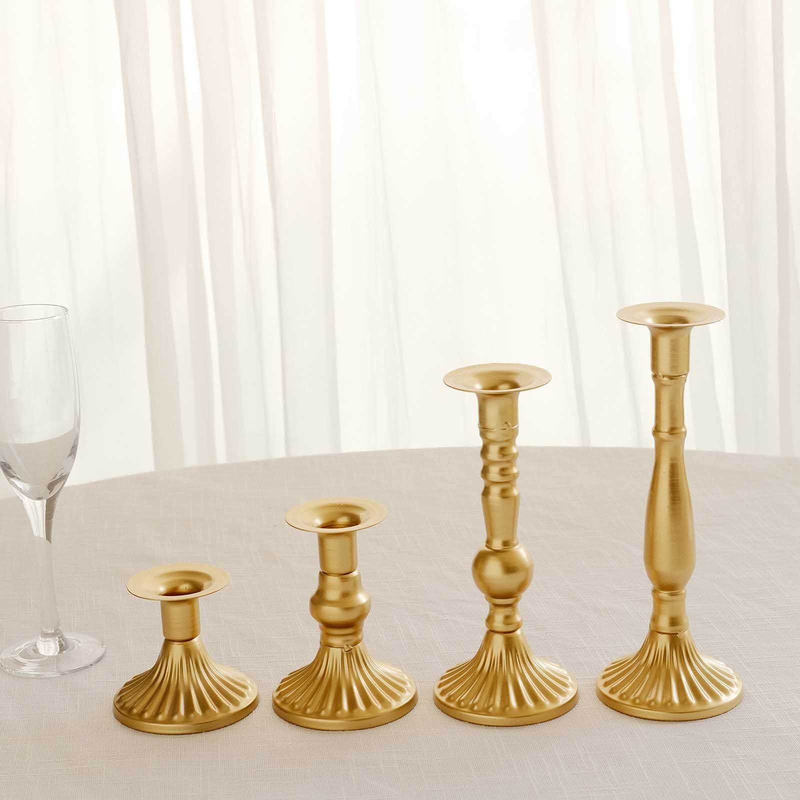 Set of 4 Taper Candle Holders Gold Baroque Metal Vintage Design - Wedding Centerpieces Decorative Stands 3", 5", 8", 9"