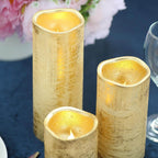 Set of 3 LED Flameless Pillar Candles Remote Operated Metallic Gold - Battery Powered 4", 6", 8"