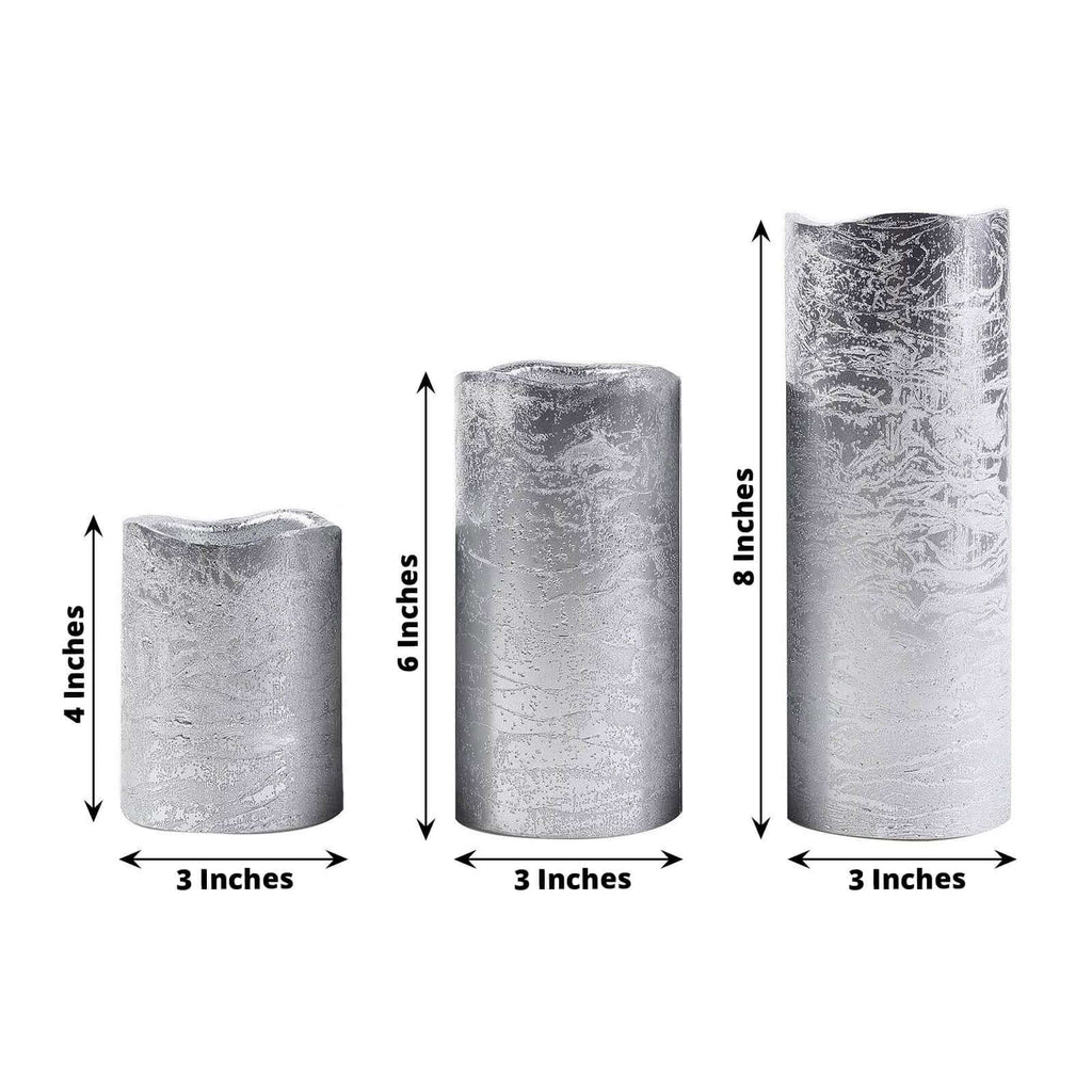 Set of 3 LED Flameless Pillar Candles Remote Operated Metallic Silver - Battery Powered 4", 6", 8"