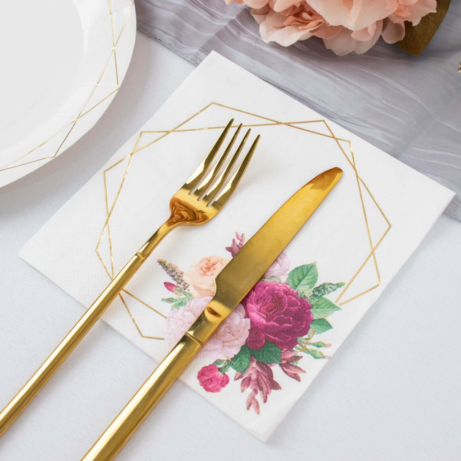 20-Pack Paper Napkins White with Gold Hexagon Frame & Floral Print 6.5"