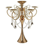 Metal Candelabra 5 Arm Design Gold with Hanging Crystal Drops - Table Centerpiece for Events 27"