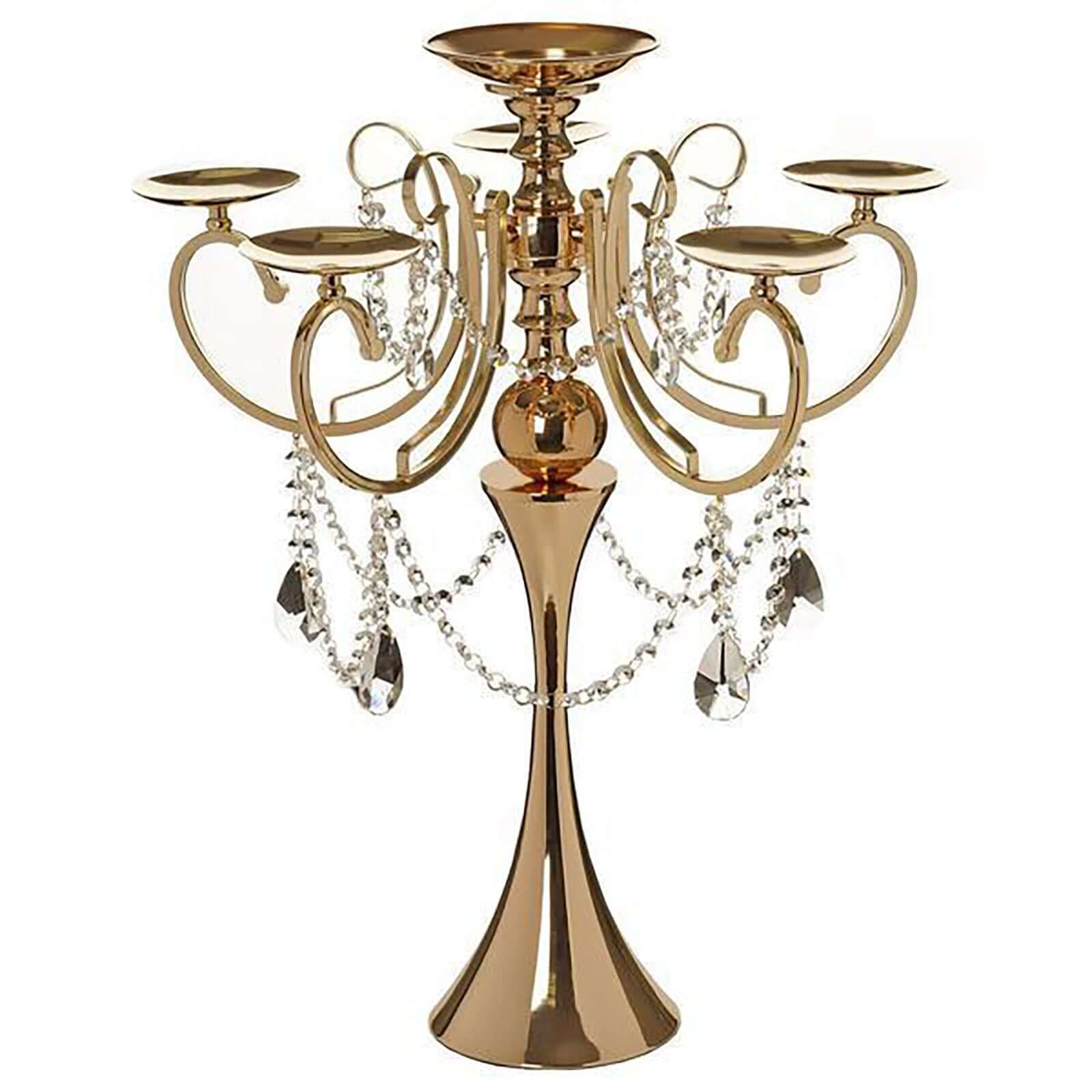 Metal Candelabra 5 Arm Design Gold with Hanging Crystal Drops - Table Centerpiece for Events 27"