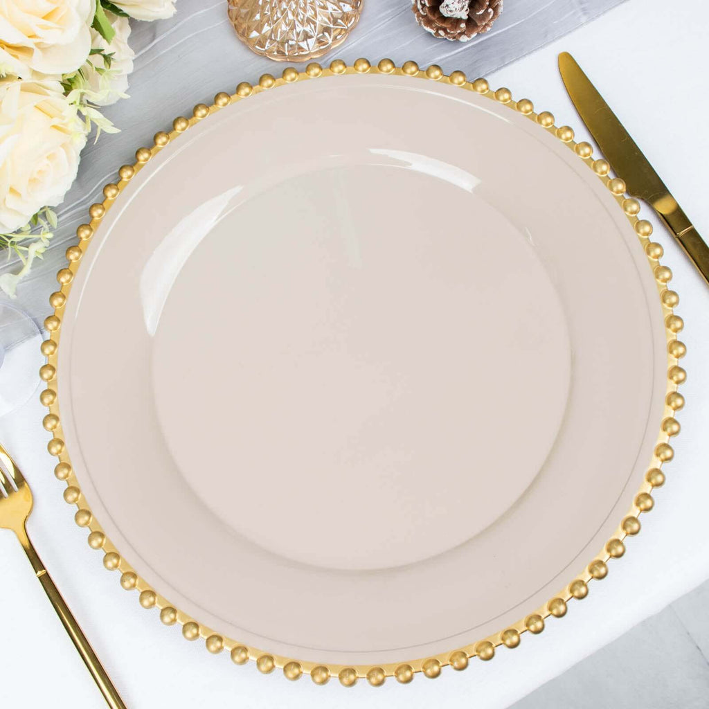 6-Pack Acrylic Round Charger Plates 13" in Taupe with Gold Beaded Rim, Decorative Dinner Party Charger Tableware