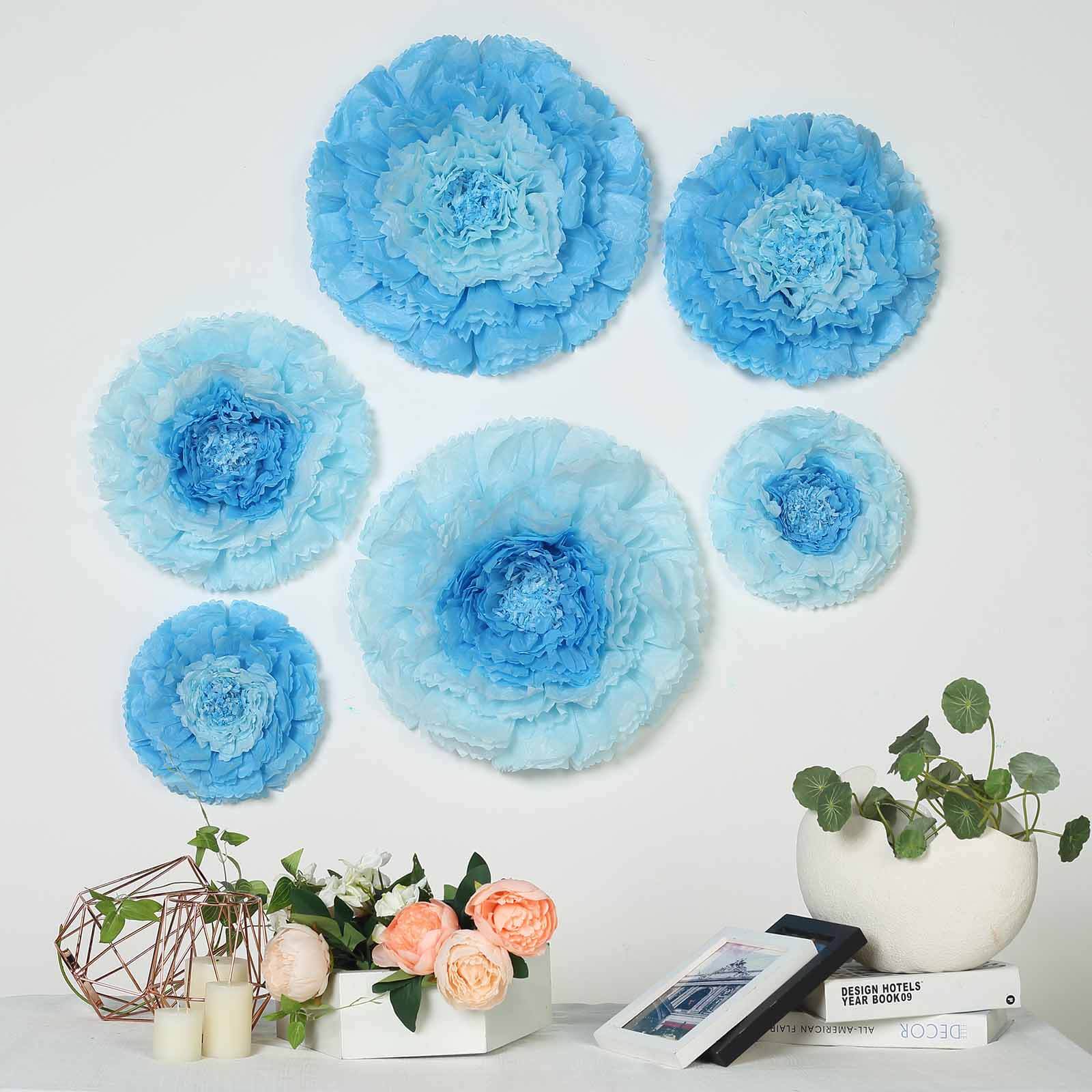 Set of 6 Aqua Blue Carnation 3D Paper Flowers Wall Decor - 7",9",11"