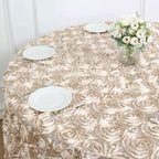 Satin 120" Round Tablecloth Beige - Grandiose 3D Rosette with Seamless Finish Table Cover