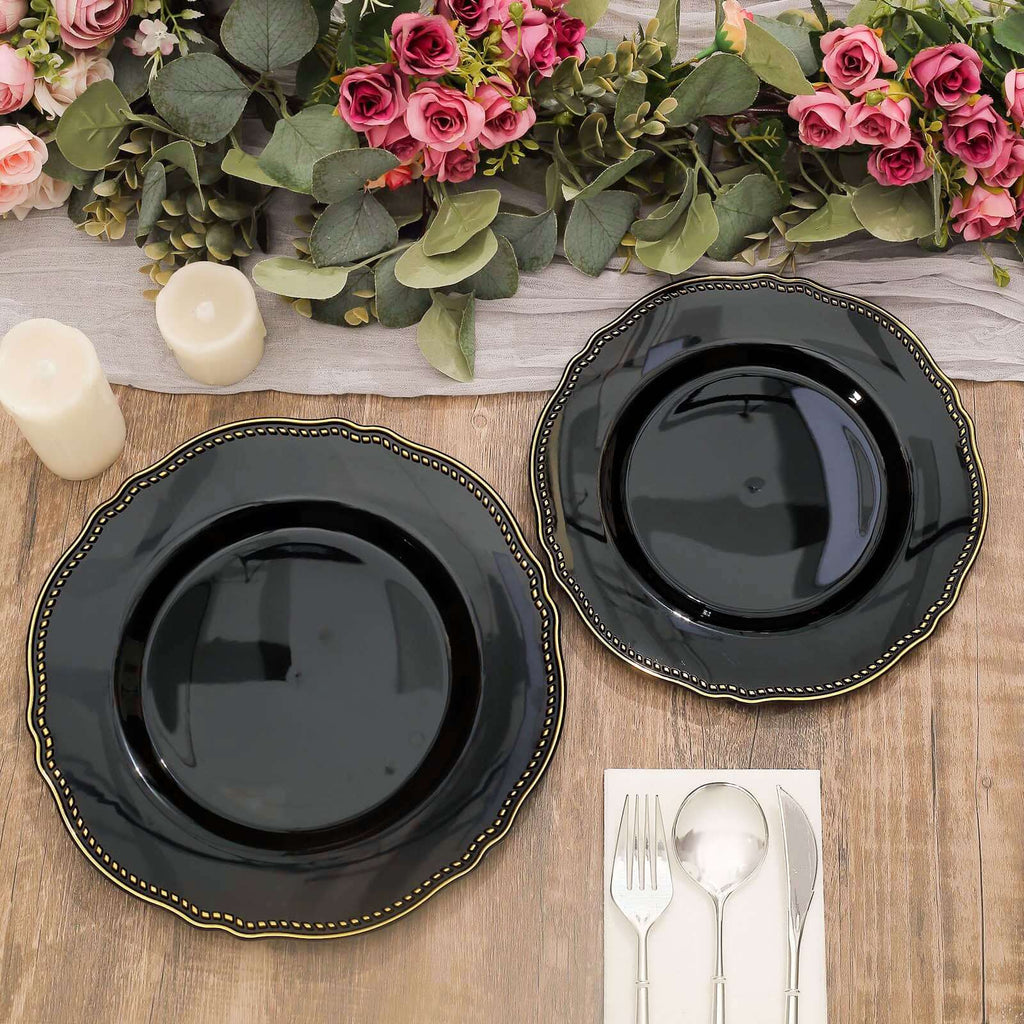 10-Pack Plastic 10" Dinner Plates in Black with Gold Scalloped Rim - Disposable Large Party Plates