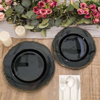 10-Pack Plastic 10" Dinner Plates in Black with Gold Scalloped Rim - Disposable Large Party Plates