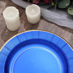 25-Pack Paper 10" Round Dinner Plates in Royal Blue Sunray Design with Gold Rim - Disposable Heavy Duty 350GSM Party Plates