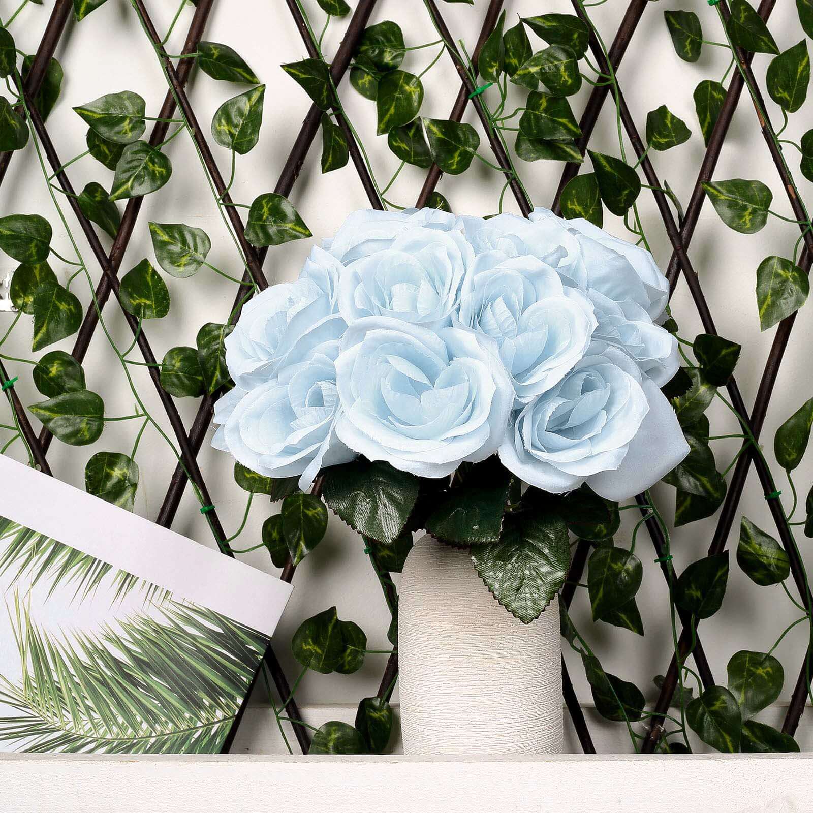 12" Ice Blue Artificial Velvet-Like Fabric Rose Flower Bouquet Bush