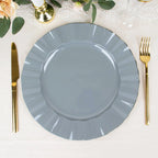 10-Pack Plastic 11" Round Dinner Plates in Dusty Blue Ruffled Rim with Gold Edging - Sturdy Disposable Dinnerware