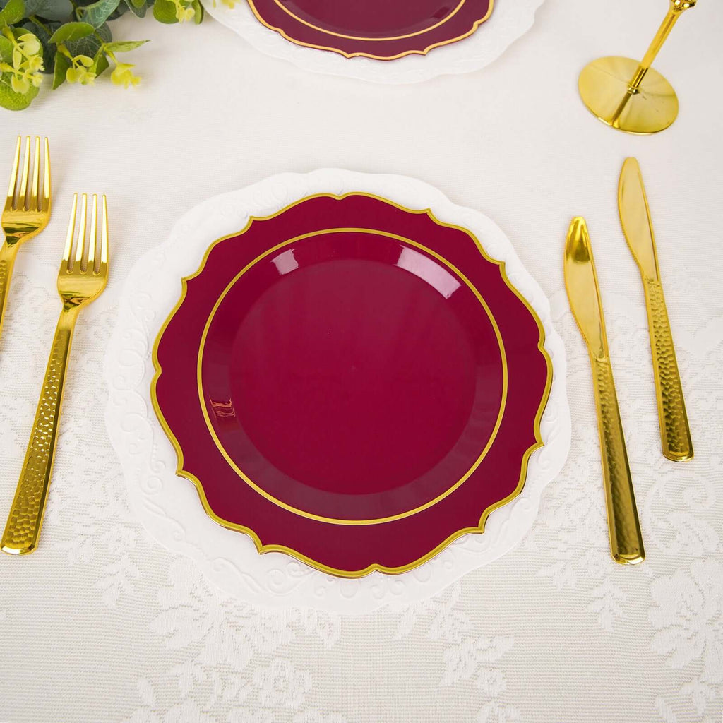 10-Pack Plastic 8" Round Dessert Plates in Burgundy with Gold Scalloped Rim - Disposable Appetizer/Salad Plates