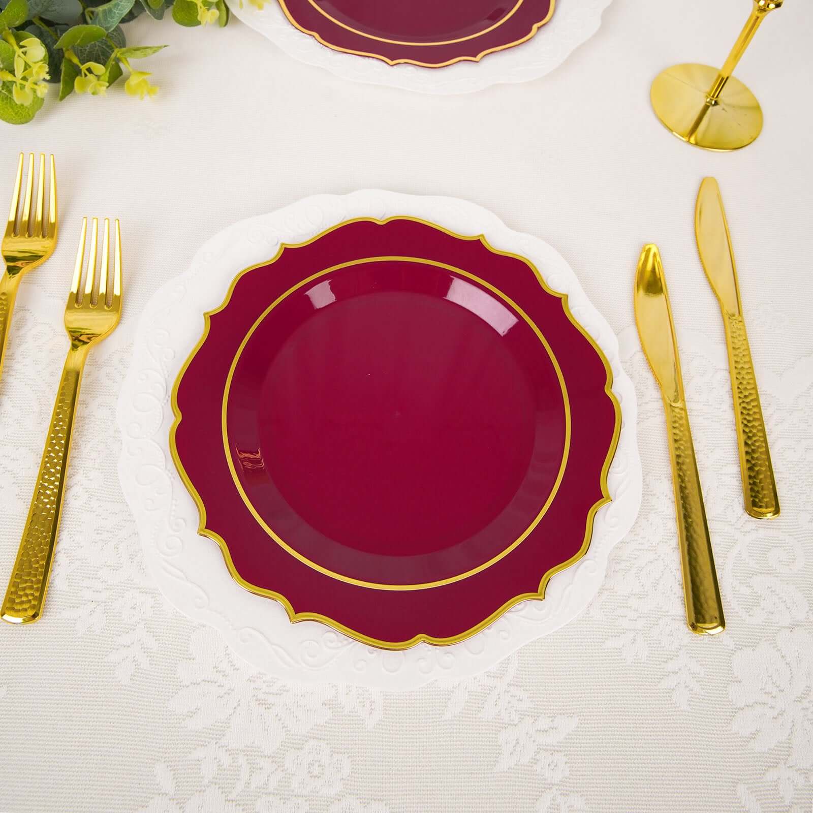 10-Pack Plastic 8" Round Dessert Plates in Burgundy with Gold Scalloped Rim - Disposable Appetizer/Salad Plates