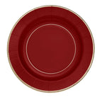 25-Pack Paper 10" Round Dinner Plates in Burgundy Sunray Design with Gold Rim - Disposable Heavy Duty 350GSM Party Plates
