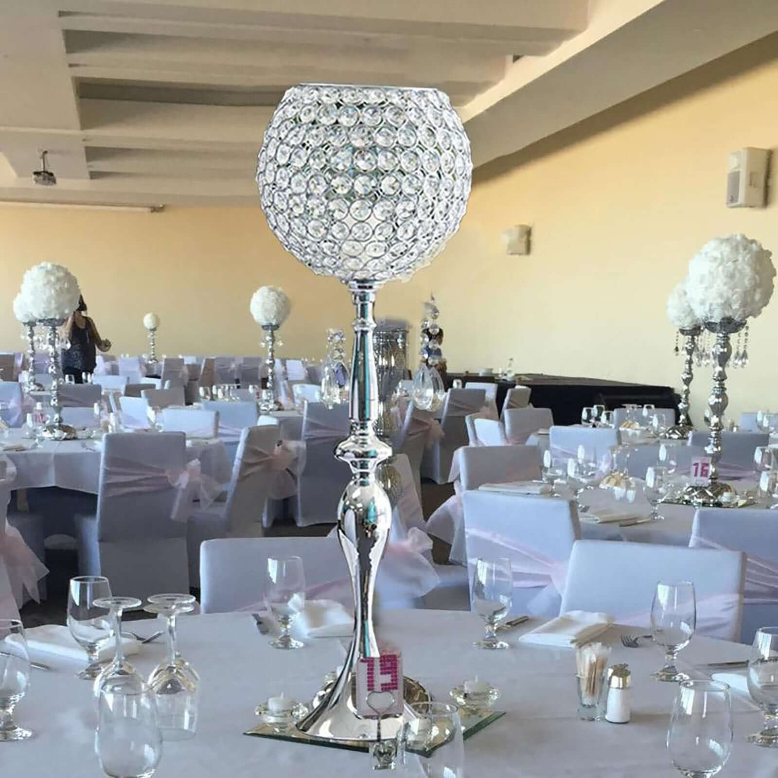 Acrylic Crystal Beaded Goblet Candle Holder Silver - Exquisite Flower Ball Centerpiece Stand for High-End Event Styling 30"