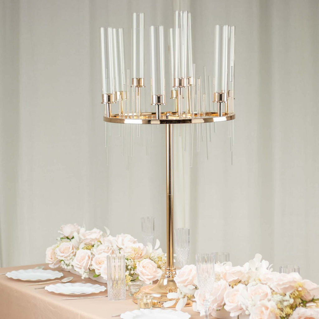 Metal 9-Arm Round Cluster Taper Candelabra Table Centerpiece Gold - Candlestick Holder Table Centerpiece With Drip Accents and Clear Glass Shades 40"