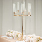 Metal 9-Arm Round Cluster Taper Candelabra Table Centerpiece Gold - Candlestick Holder Table Centerpiece With Drip Accents and Clear Glass Shades 40"