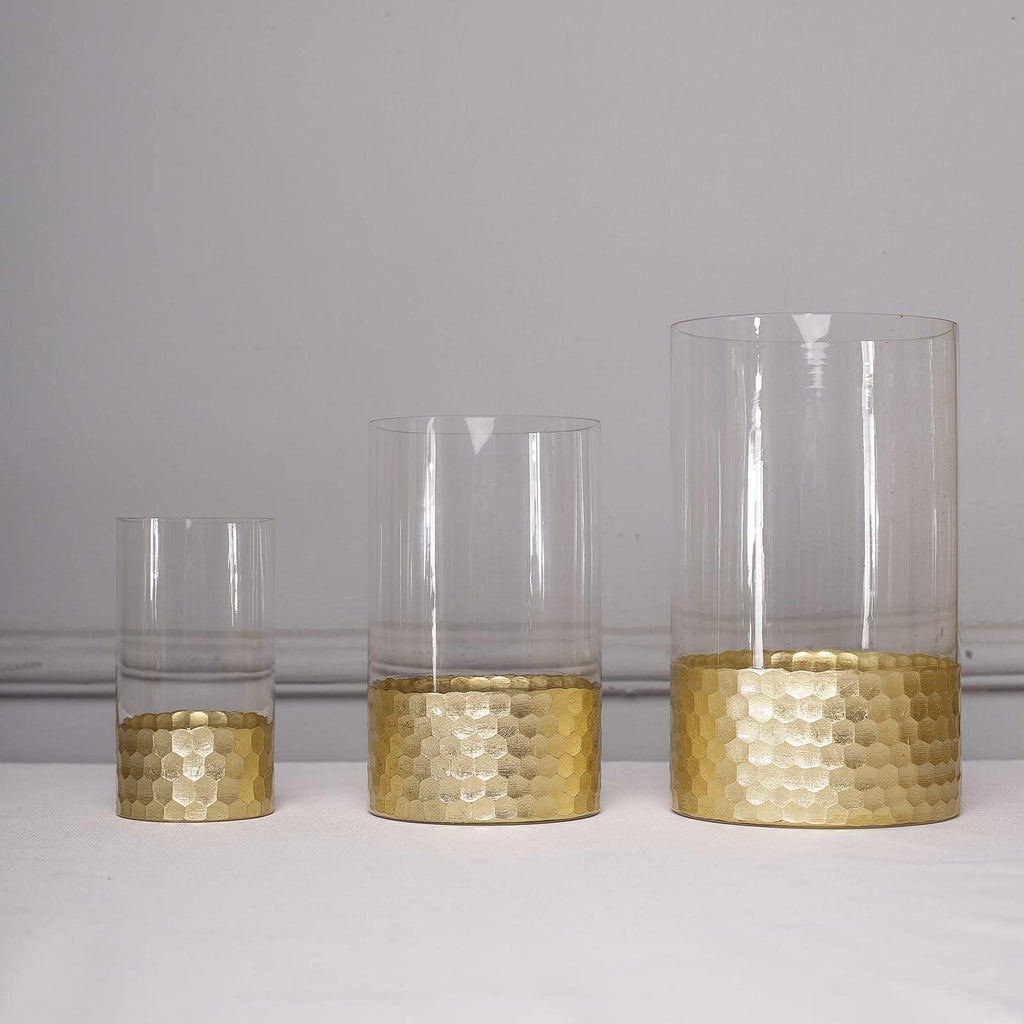 Set of 3 Glass Cylinder Vases Honeycomb Design Clear with Gold Base - Decorative Candle Holder Centerpieces 6", 8", 10"