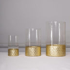 Set of 3 Glass Cylinder Vases Honeycomb Design Clear with Gold Base - Decorative Candle Holder Centerpieces 6", 8", 10"