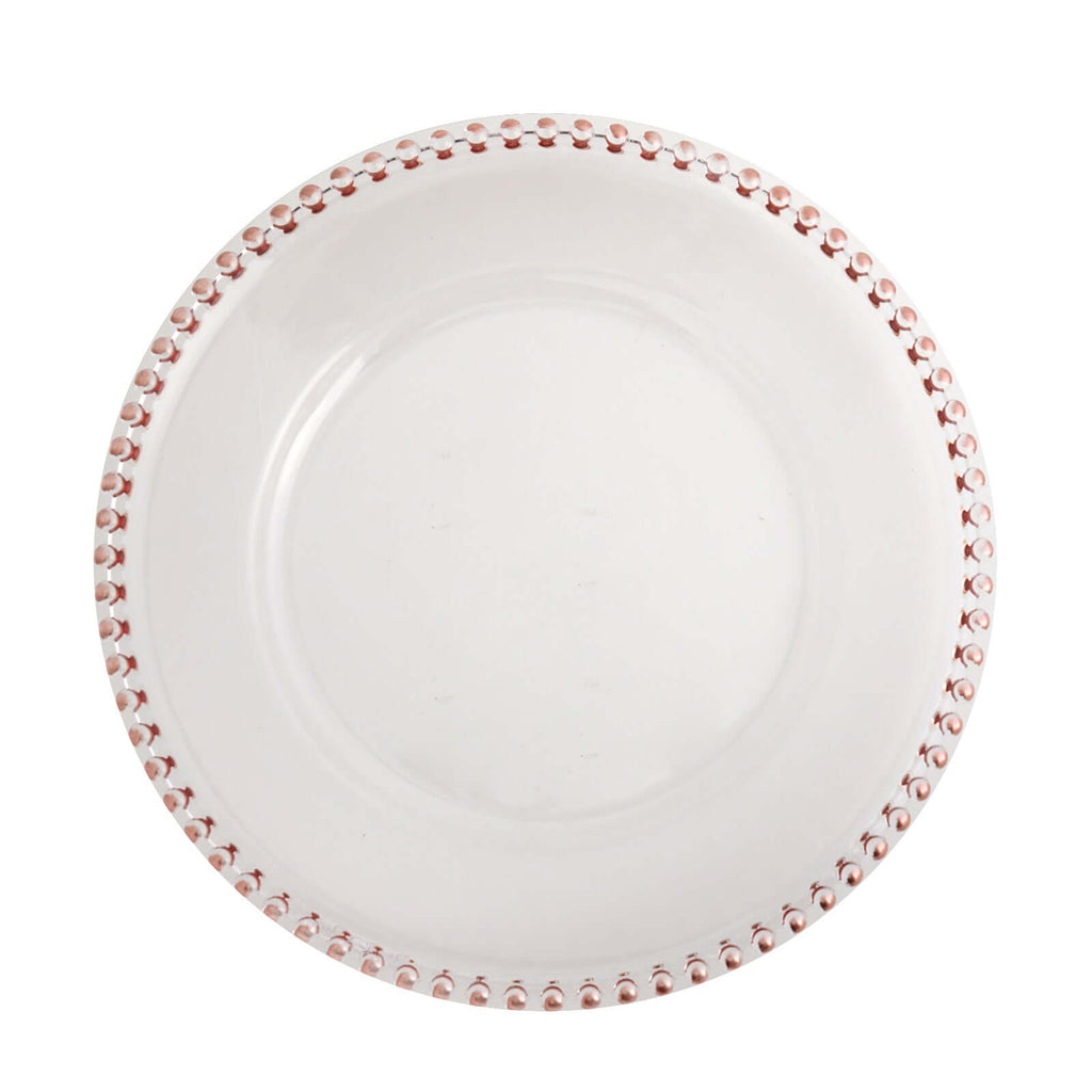 6-Pack Acrylic Round Charger Plates 13" in Clear with Rose Gold Beaded Rim, Decorative Dinner Party Serving Plates