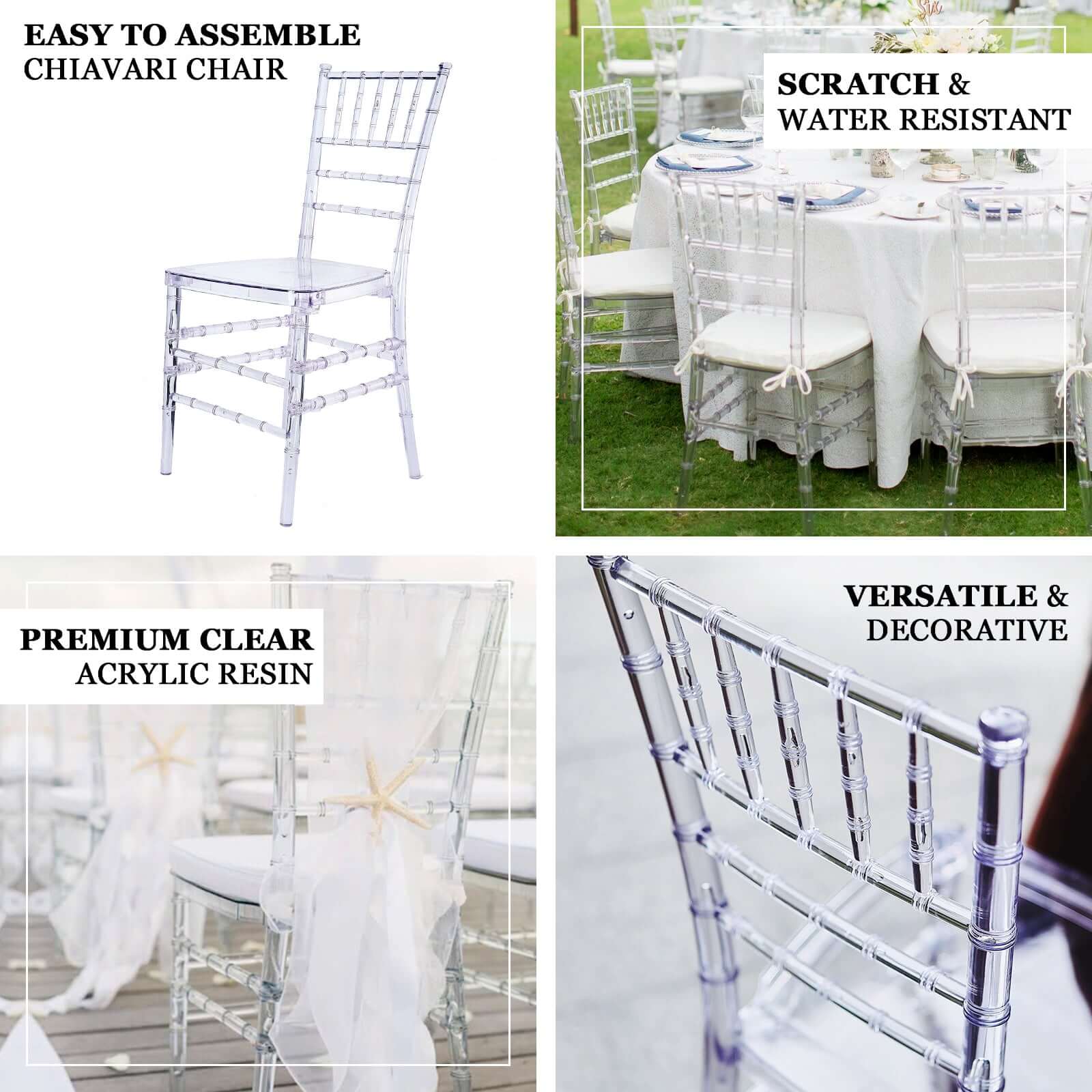 Resin Chiavari Chair Transparent and Stackable Clear - Sleek Armless Design for Weddings & Gatherings