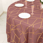 Polyester 120" Round Tablecloth Cinnamon Rose with Gold Foil Geometric Pattern Wrinkle-Resistant Seamless Table Cover