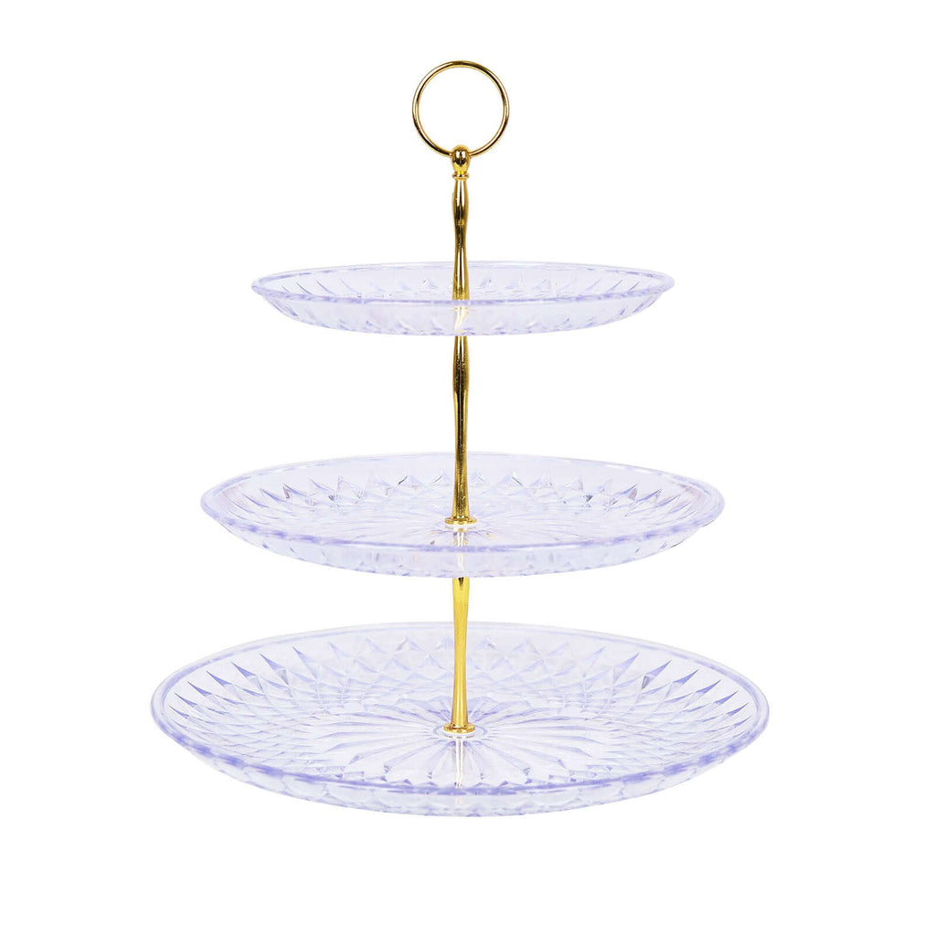 3-Tier Acrylic Cupcake Stand Clear - Sturdy Dessert Serving Tray Platter with Gold Top Handles for Classy Special Occasions & Dessert Buffets 12"