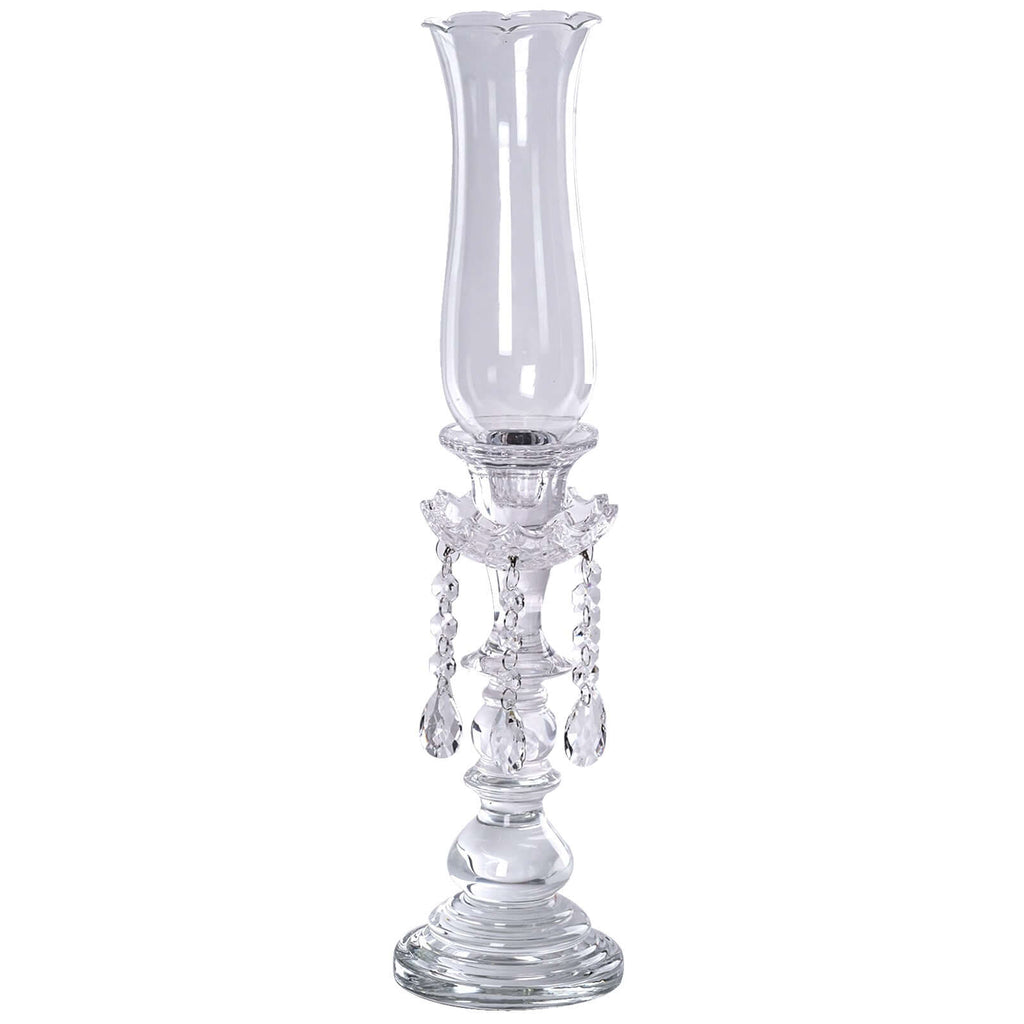 Crystal Glass Hurricane Candle Taper Candlestick Holder, Decorative Piece With Chandelier Chains 20"